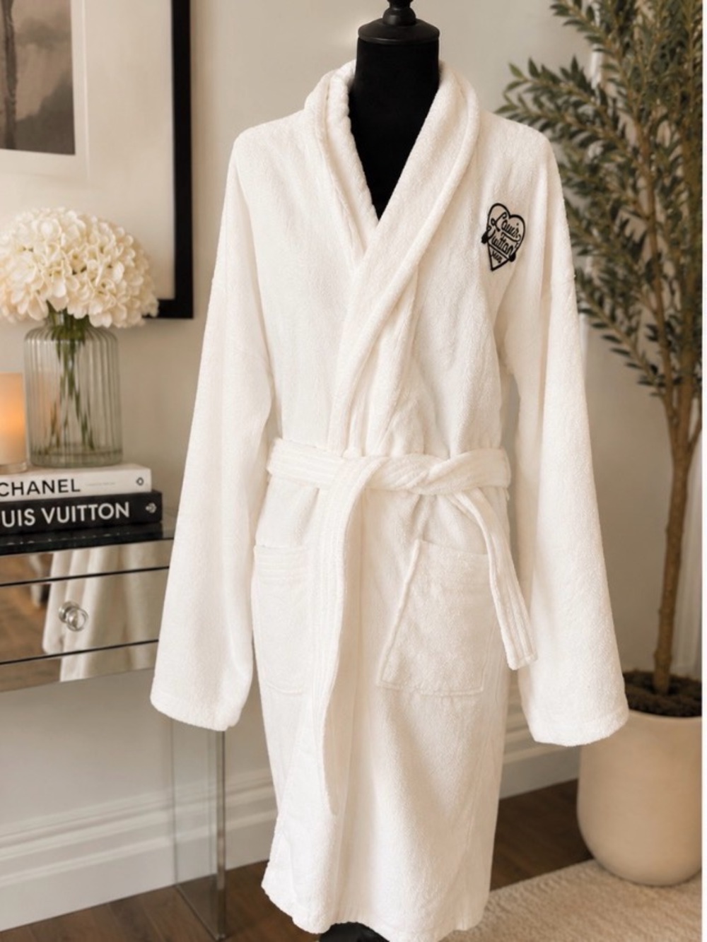 White Plush Robe with Embroidered Heart Patch